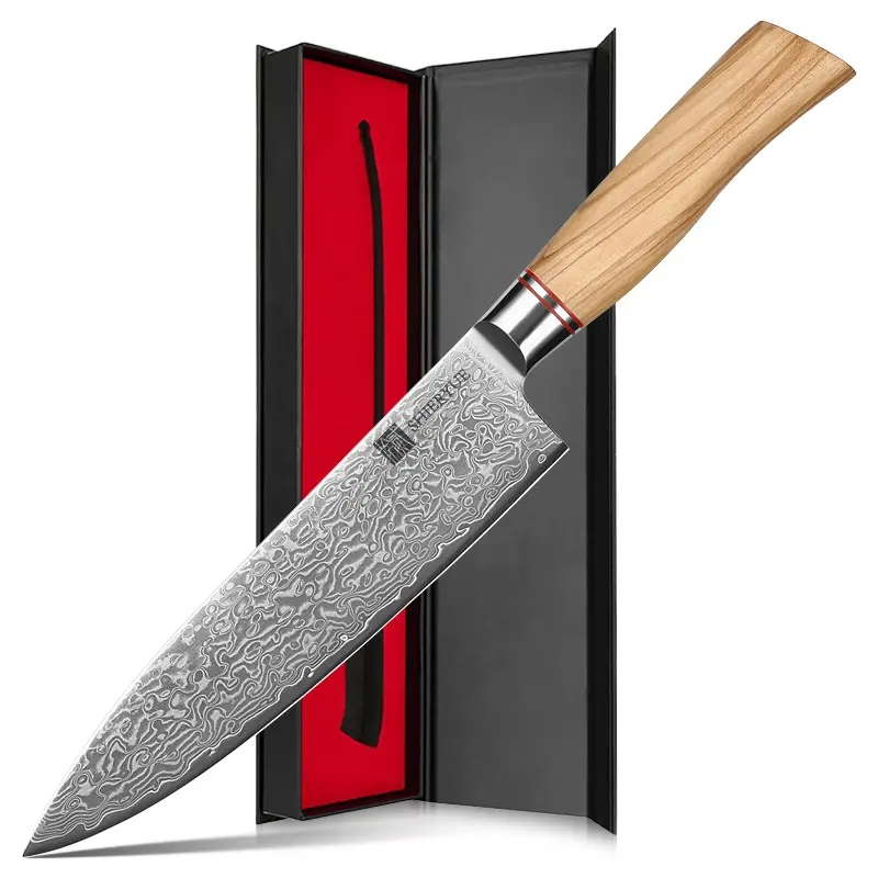 Coltello da cuoco in acciaio damasco elegante con manico in legno d'ulivo, logo personalizzato coltello da cucina damascato vg10