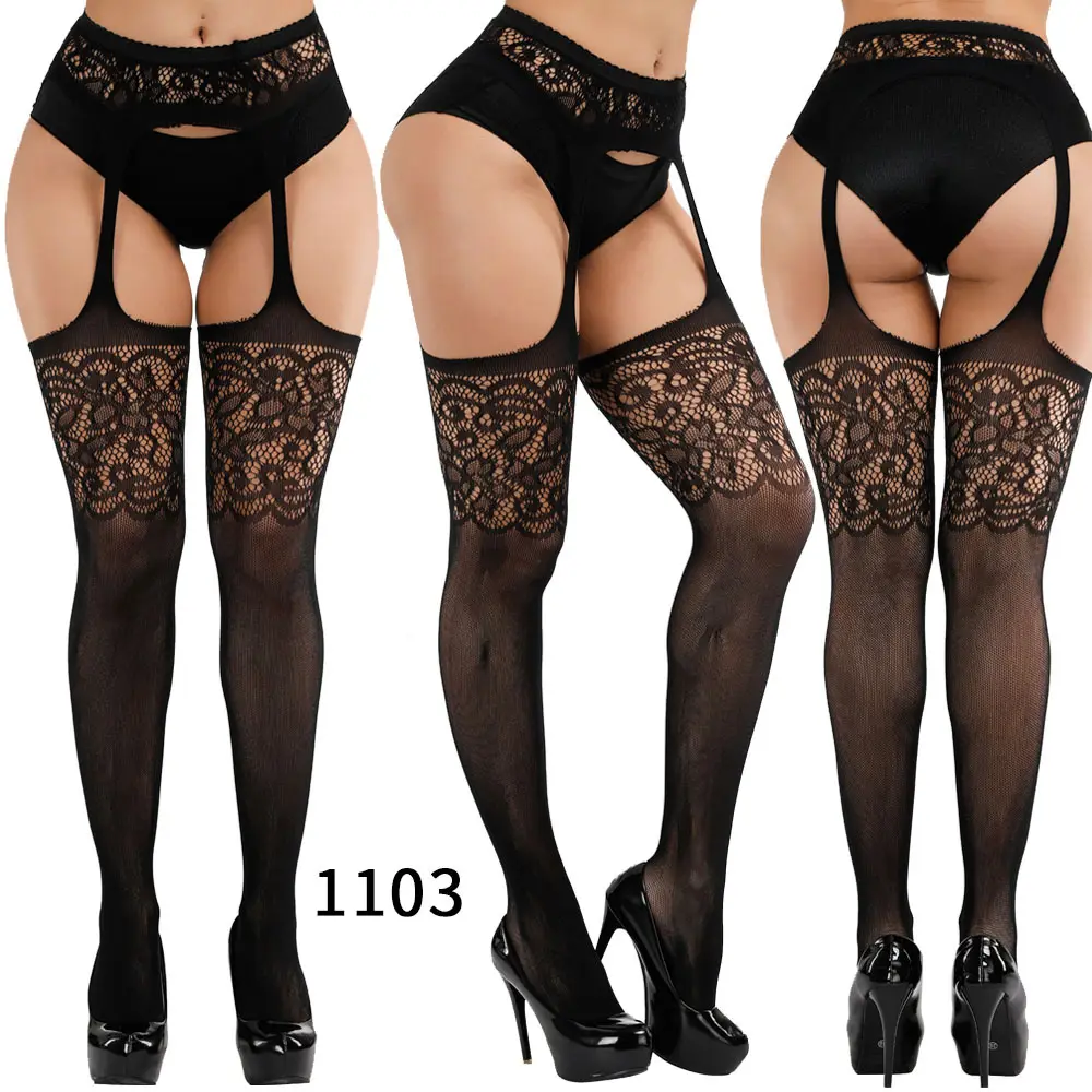 Wholesale Sexy Fishnet Mesh Stockings For Women Lace Top Detail Thigh High Stockings With Garter Belt Crotchless Pantyhose