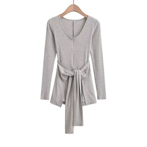 Women's Solid-Color Waist-<b>Tie</b> V-Neck Long-Sleeve Fitted Jumpsuit Fashion - Product Image 2
