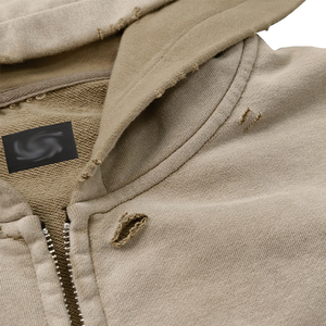 Sweat à capuche unisexe zippé, coupe courte, effet délavé et déchiré, broderie patch, surdimensionné, personnalisé pour homme - Product Image 4