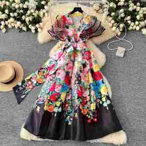 Vestido Midi de Talla Grande para Mujer, Primavera 2025, Ecológico, Cuello en V, Manga Corta, Casual, Transpirable, Tejido, Corte A, con Volantes Estilo Imperio - Product Image 2