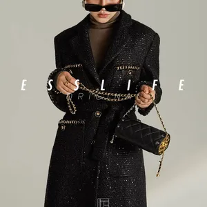 ESSLIFE उच्च गुणवत्ता ऊन डिजाइनरों ट्वीड एक काला फीता हस्तनिर्मित महिलाओं के कोट
