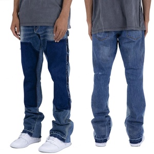 Fashion Designer Style <b>Men's</b> Clothing OEM Contrast Panel Stone Wash Raw Hem Baggy <b>Work</b> Flare Denim <b>Jeans</b> - Product Image 2