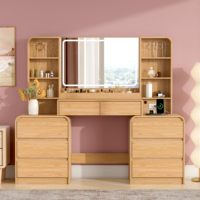 Coiffeuse minimaliste avec miroir LED, 10 tiroirs, table de maquillage et station de charge pour femmes et filles, chambre à coucher