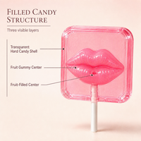 Valentijnsdag 3D gevulde lolly met hart- en lipvormen, transparante harde snoeppen omhulsel, zacht fruitvulling voor feestcadeaus