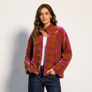Chaqueta Bomber Reversible de Terciopelo Rosa con Bordado Suzani, Acolchada, Ecológica, Estilo Hippie Vintage de Lino para Otoño e Invierno - Product Image 1