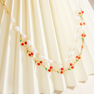 European American Style Pearl Necklace Cherry Pendant 18k Gold Plated <b>Titanium</b> Steel Clavicle <b>Chain</b> Women's Everyday Wear - Product Image 1