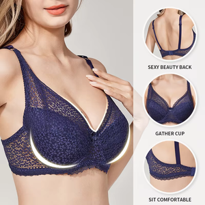 Sujetador push-up de encaje hueco transparente con aros y copas finas para mujer de talla grande - Product Image 1