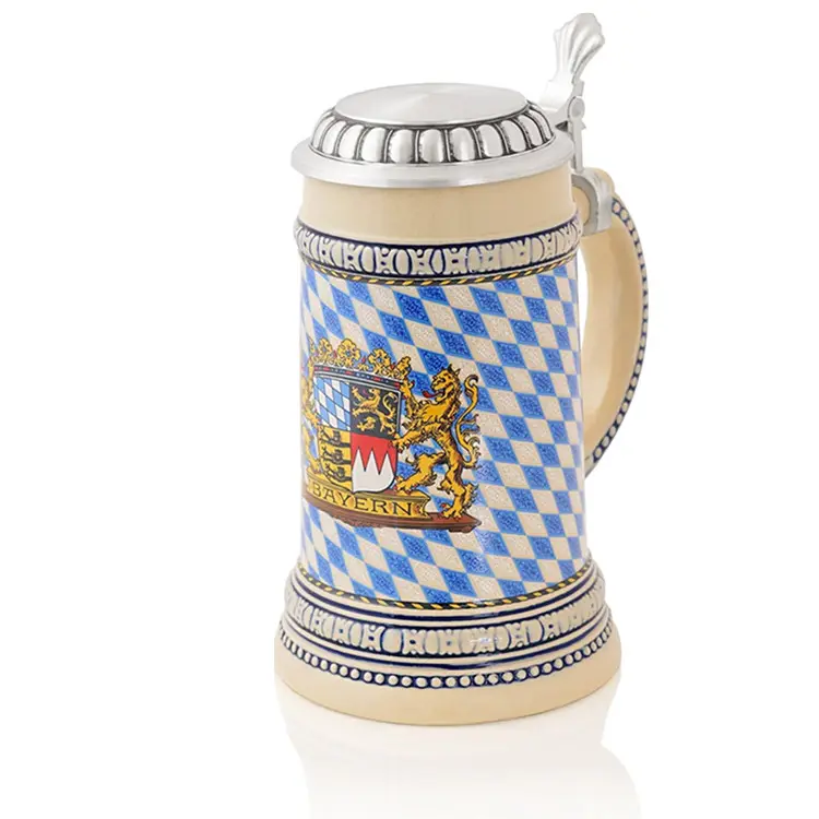 german ceramic beer steins Flag Bayern" | Traditional Bavarian Beer Mug with Metal Lid | 0.5 liter (1 pt.) | beige blue