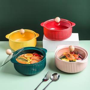 Vaisselle mate Bol à soupe aux nouilles Ramen en céramique avec couvercles de couverture Couleur Glaçure Deux oreilles Bols à bulles - Product Image 2