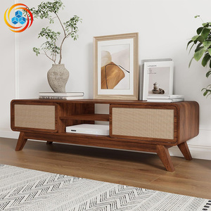 Minimalist Rattan <b>TV</b> Cabinet with Curved Edges & Open Storage, European Style Wood <b>TV</b> Stand for Living Room, Anti-Bump <b>Design</b> - Product Image 4