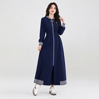 Lignes Abaya Robe Dubaï Friperie Abaya Maxi Bleu Marine à Capuche Zippée avec Rayures aux Poignets et à l'Ourlet Ceinturée Style Sportif Modeste pour Femmes Musulmanes