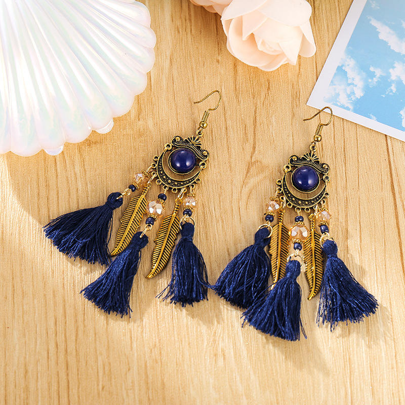 Boho Earrings Thread Tassel Earrings Bohemian Earrings Blue And