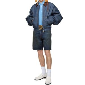 เสื้อแจ็คเก็ตยีนส์ผู้ชายสีน้ำเงินเข้มคุณภาพสูง ทรงโอเวอร์ไซส์ ผ้าฝ้าย 100% แบบสั่งทำพิเศษ ซิปหน้า คอปกบุผ้าแฟลนเนล แต่งหนัง - Product Image 2