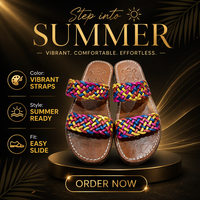 Sandales plates bohèmes colorées en cuir véritable tressé pour femme, à bout ouvert, double bride, à enfiler, pour l'été et la plage