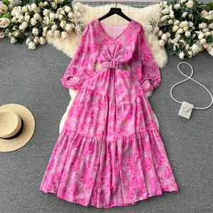 LY8052 Wholesale 2023 Korean Chic Floral Print Long Sleeve Slim Waist Belt Slim Waist Midi Dress Women Dresses 8