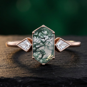 Rose <b>Gold</b> Plated Women's Hexagon Natural Stone <b>Ring</b> With Princess Cut Diamond Side Accents Vintage Engagement Gemstone <b>Ring</b> - Product Image 2