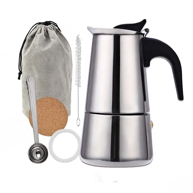 Stainless Steel Stovetop Espresso Coffee Maker 2/4/6/9 Cup, Italian Coffee Maker for Induction, Gas. Moka Pot with Bag, Coaster