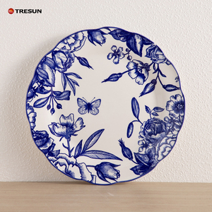 Prix de gros Tresun, fabrication sur mesure OEM, impression par tampographie, ensemble de 16 assiettes en céramique à motif floral bleu et oiseaux, vaisselle. - Product Image 6
