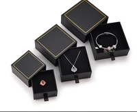 Boîte à tiroirs carrée bleue HTD avec bordure dorée, boîte de rangement pour bijoux noire, emballage avec ruban satiné pour bagues et colliers