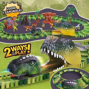 Juguetes de construcción Dinosaurio eléctrico Coche Tren <span class=keywords><strong>Dino</strong></span> World Slot Play Set con riel de plástico Racer Track para niños - Product Image 5