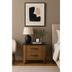 Comodino a 2 cassetti con piano in pietra e base in legno, mobile moderno per camera da letto - Product Image 3