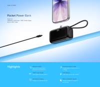 Tragbare Hochkapazitäts-Mini-Powerbank 10000mAh Li-Polymer-Akku 2-in-1 mit Integriertem USB-C-Anschlusskabel 22,5W Schnellladegerät LED
