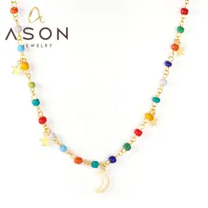 Ason exquis plaqué or 18 carats étoile lune pendentif collier étanche en acier inoxydable de couleur mélangée collier de perles en caoutchouc