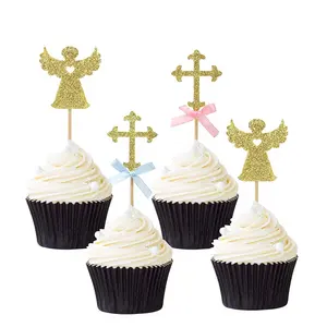 Vaftiz vaftiz kek Toppers bebek duş doğum günü partisi dekorasyon altın Glitter melek çapraz Cupcake Toppers