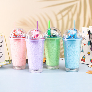 Lovely 450ml Multicolor Cute Dinosaur Themed Double Wall <b>Plastic</b> Straw Tumbler with Decorative Mixed Confetti Glitter Filled - Product Image 6