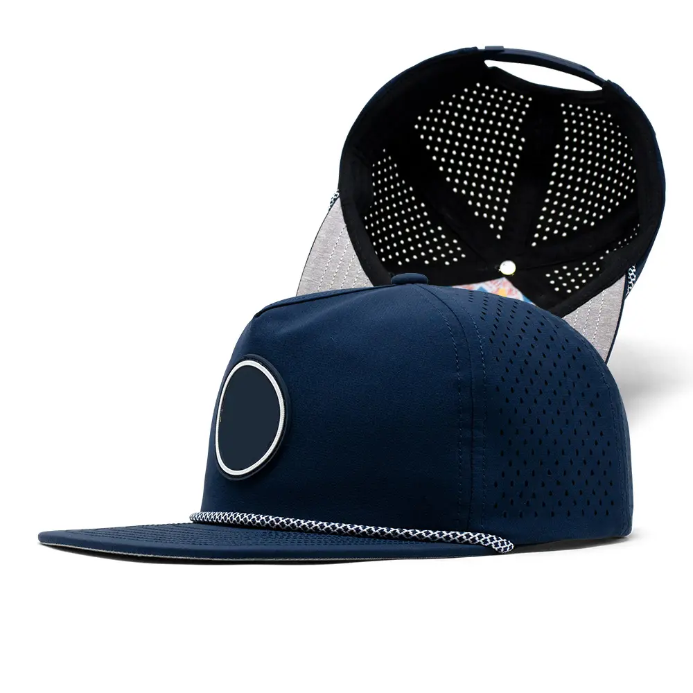 Luxe 5 panneau snapback non structuré étanche corde chapeau découpé au laser trou loquet plat facture brique hydro percé chapeau de baseball