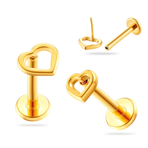 Pendiente de titanio duradero para tragus, con forma de corazón, chapado en oro, joyería para <span class=keywords><strong>piercing</strong></span>, con sistema de presión y parte trasera plana, para cartílago. - Product Image 1