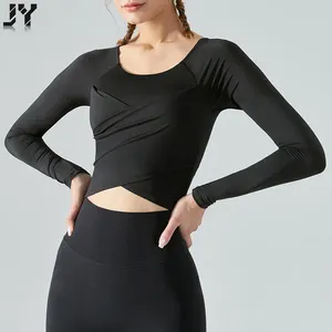 JY Hot Selling Woman Long Sleeve Yoga Top Cross Ruched Stylish Padded Active Wear T Shirt Fashion Bare Sports Crop Top Gym Shirt