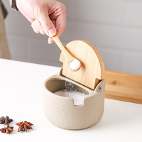 Ensemble de pots à épices à couvercle pivotant avec plateau en bambou et cuillère, 300 ml, en grès moucheté, pour sel, sucre et assaisonnements, pour comptoir de cuisine