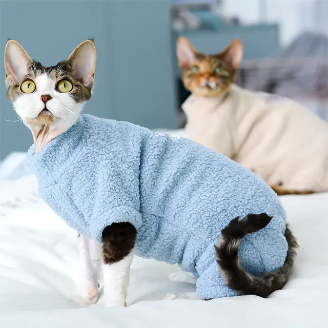 ที่กําหนดเองฤดูหนาวที่อบอุ่นขนแกะเสื้อผ้าสัตว์เลี้ยงสี่ขาJ Umpsuitด้านหน้าและด้านหลังReversibleในร่มและกลางแจ้งใช้เสื้อผ้าแมว