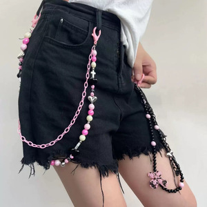 Sweet Candy Beaded Pants <b>Chain</b> With Cross Heart Pendant For Daily Wear Outdoor Fashion Accessory Zinc Alloy Double Ring Design - Product Image 1