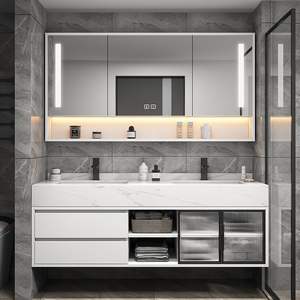 Meuble-lavabo double vasque intelligent de luxe noir avec éclairage LED monochrome, miroir nid d'abeille, panneau en mélamine et finition laquée murale - Product Image 3