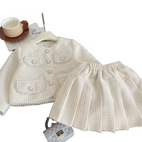 Ensemble deux pièces en tweed pour filles, printemps-automne, veste avec garniture en perles et jupe plissée, tenue de princesse pour tous les jours et les occasions spéciales
