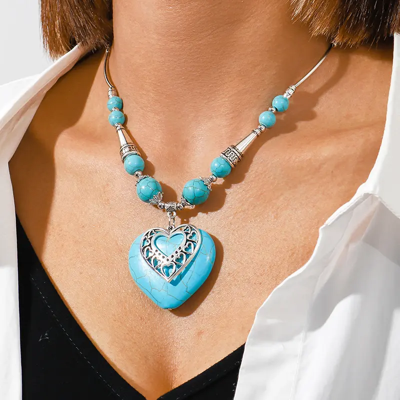 Statement Turquoise Stone Heart Vintage Necklace Big Turquoise Love Heart Pendant Necklace For Women