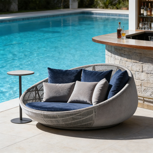 Lit de repos rond de luxe moderne pour <span class=keywords><strong>jardin</strong></span>, transat <span class=keywords><strong>en</strong></span> <span class=keywords><strong>rotin</strong></span> <span class=keywords><strong>tressé</strong></span> pour piscine, mobilier d'extérieur imperméable, grand canapé-lit de patio - Product Image 4