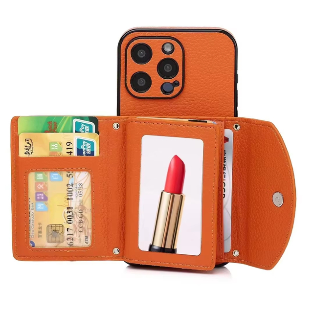New for Iphone Mobile Cell Phone Cover Mirror Design Full Grain Pu Leather Phone Case with Card Holder