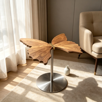 Table d'appoint en bois convertible en forme de papillon, table décorative créative, table basse en bois massif avec base en métal pour la maison
