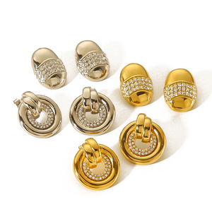 Diamond Earrings <b>Titanium</b> Steel 18k Gold Plated Round Brilliant Cut Geometric Elliptical <b>Ring</b> Women's Everyday Wear - Product Image 5