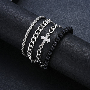 Neues Edelstahl-Kreuzperlen-Armband-<span class=keywords><strong>Set</strong></span> mit 4 Einfachen Ins-inspirierten Herrenketten, Handgefertigt - Product Image 4