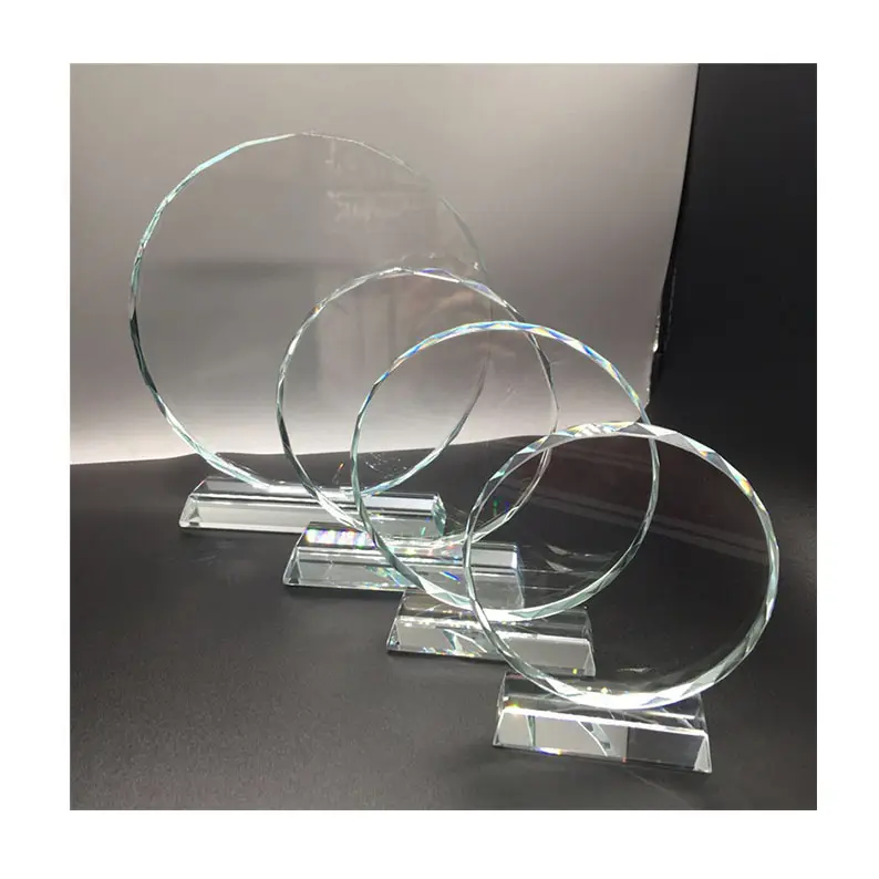 Round Shape trống Glass Trophy giải thưởng Laser khắc logo có sẵn thăng hoa pha lê thủy tinh Trophy giải thưởng với đứng