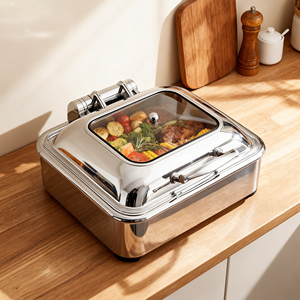 Scaldavivande Rettangolare in Acciaio Inox, Attrezzatura per Catering, Doppio Contenitore con Coperchio Ribaltabile, Riscaldamento ad Alcool - Product Image 1