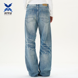 Pantalon évasé délavé en denim tissé teint, style streetwear décontracté rétro de haute qualité, coupe ample mi-longue, jambes larges, effet usé, délavage à la pierre, ODM - Product Image 2