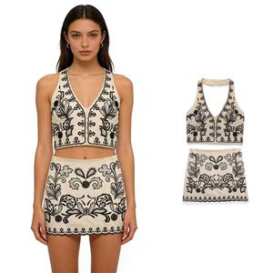 Women's European American Style <b>Cross</b>-Border Embroidered Mini Skirt Set with Halter Neck <b>Top</b> and Summer Short Skirt - Product Image 1