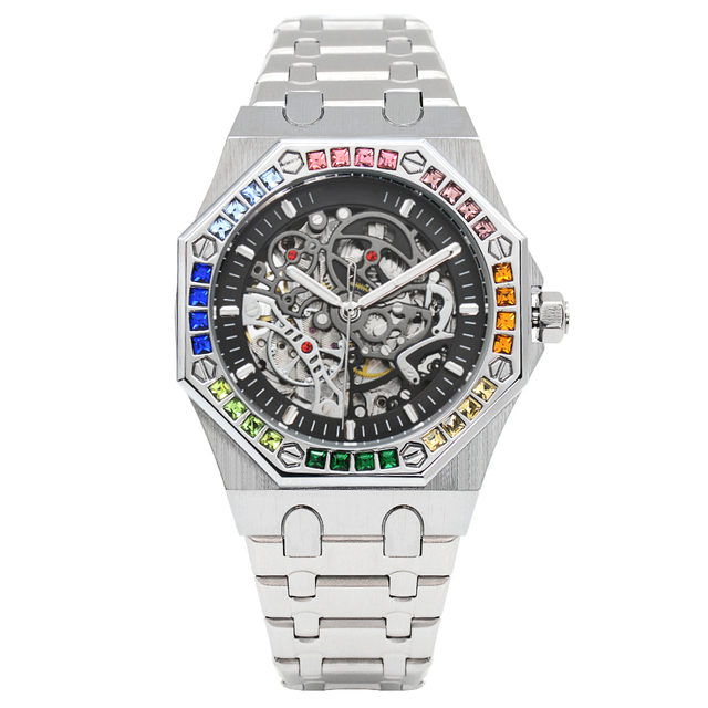 New Design Fashion Gift Zinc Alloy with Rainbow Stone case Hollow Out Dial Water Resistant Lady Wrist Metal Automatic Watch