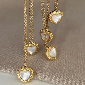 Waterproof tarnish Resistant Mother of Pearl Love Necklace 18k Gold Pendant Necklace Gift For Her Gold Heart Necklace